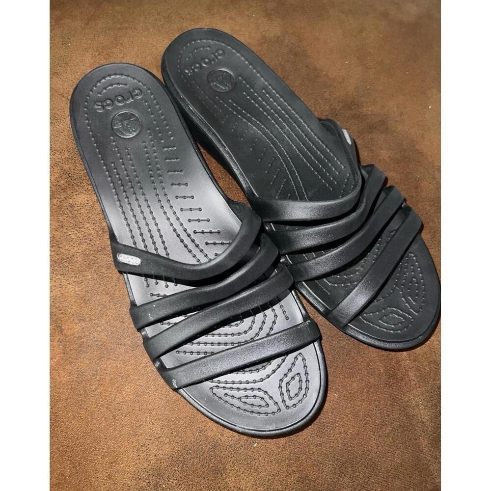 Crocs Patricia Black Multi Strap Wedge Sandals Womens Size 11 Slip On Comfort